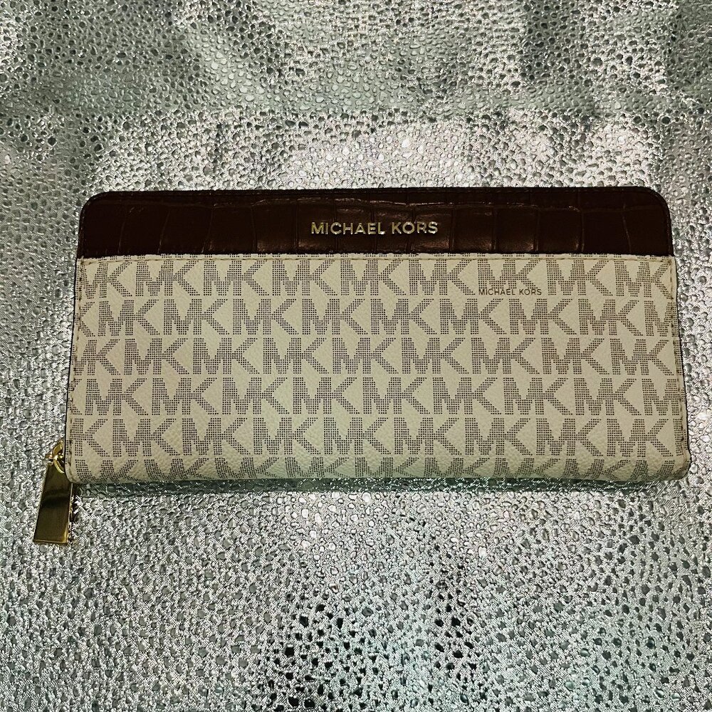 Michael Kors Zip-Around Wallet Ivory Brown Women's Monogram Leather Card Slots